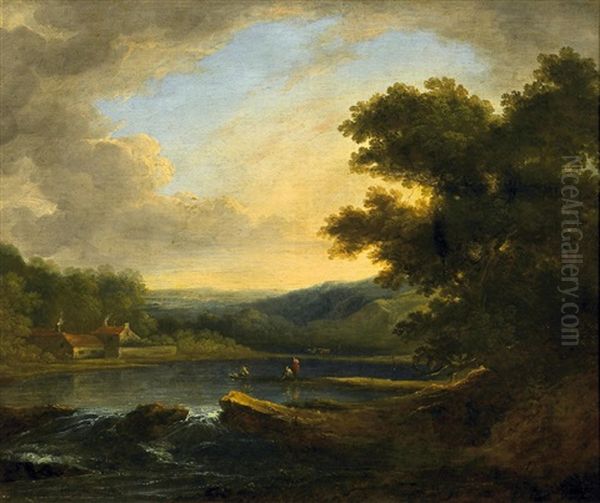 In Den Cotswolds. Blick Uber Einen Flusslauf Auf Bauernkaten Am Gegenuberliegenden Ufer Oil Painting by Benjamin Barker