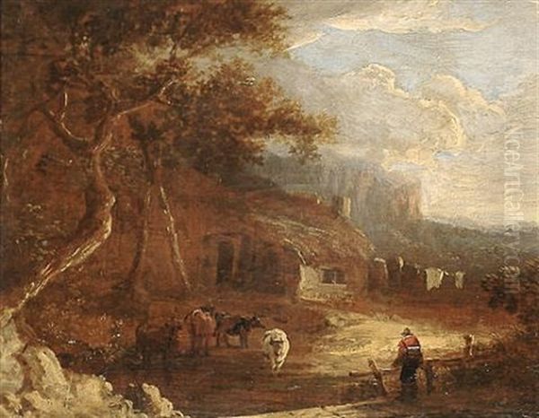 Cattle Before A Cottage, A View To A Distant Landscape Beyond Oil Painting by Benjamin Barker