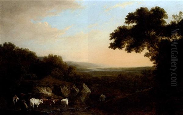 An Extensive Wooded Landscape, With Cattle And Figures In The Foreground And The Coast Beyond Oil Painting by Benjamin Barker