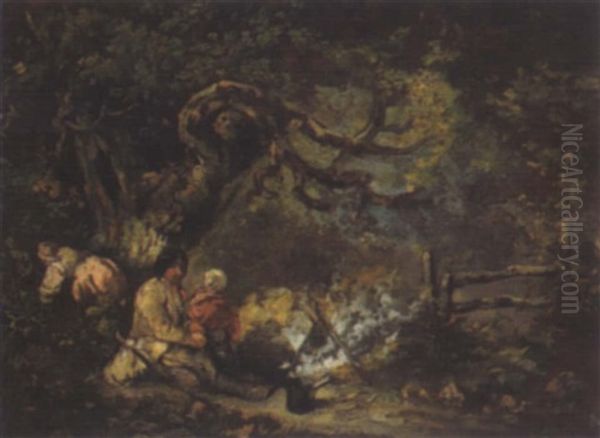 Bauernfamilie Am Lagerfeuer Oil Painting by Benjamin Barker