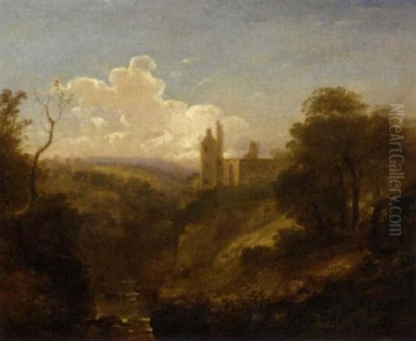 A Wooded Valley Landscape With A Castle Beyond Oil Painting by Benjamin Barker
