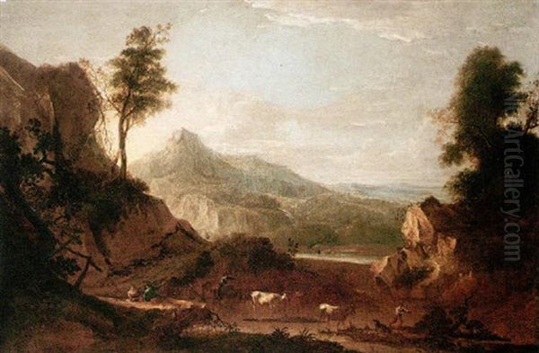 A Mountainous Landscape With Rustics In The Foreground Oil Painting by Benjamin Barker