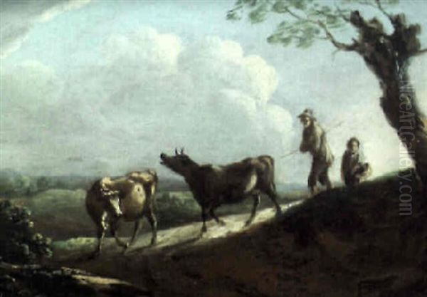 Shepherds With Cattle On A Country Lane Oil Painting by Benjamin Barker