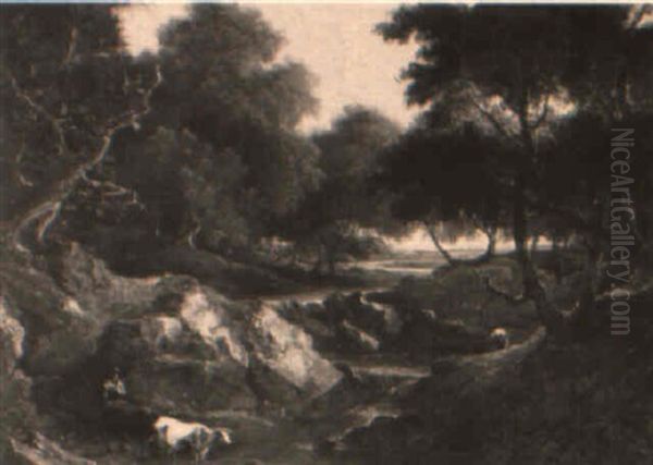 Angler, Cattle And Drover In A Wooded River Landscape Oil Painting by Benjamin Barker