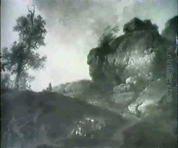 A Rocky Landscape With Cattle And Drovers By A Track Oil Painting by Benjamin Barker