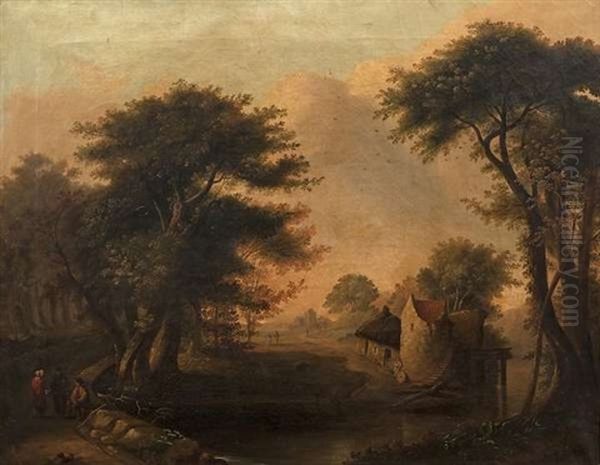 Figures By A Mill Stream In A Wooded Landscape Oil Painting by Thomas Barker
