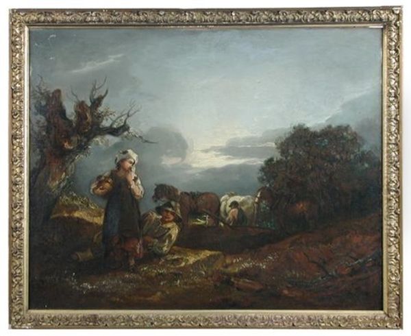 Peasant Children By A Heavy Horse Team In The Fields; And Peasant Children On Donkeys In A Landscape (a Pair) Oil Painting by Thomas Barker