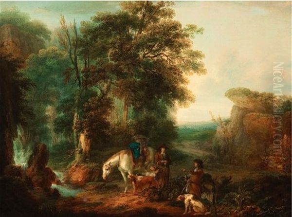 Figures With Dogs And Horse In A Wooded Landscape Oil Painting by Thomas Barker