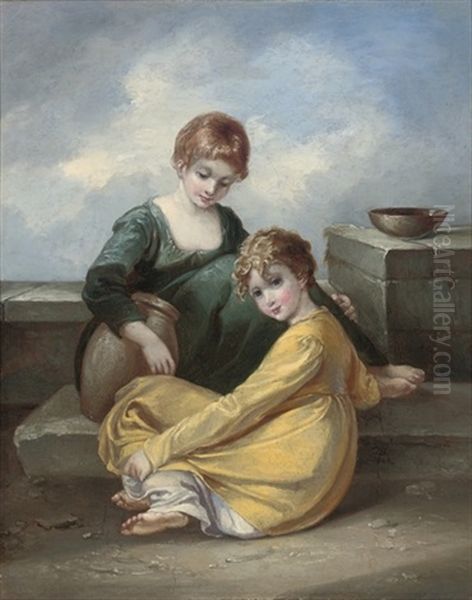 Two Children Seated Beside A Wall Oil Painting by Thomas Barker