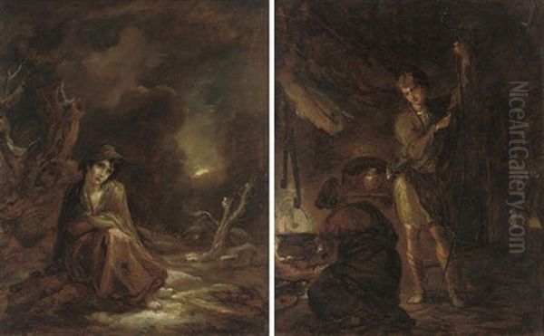 A Moonlit Winter Landscape With Crazy Kate At Rest On A Track (+ A Boy Stringing A Bow; Pair) Oil Painting by Thomas Barker