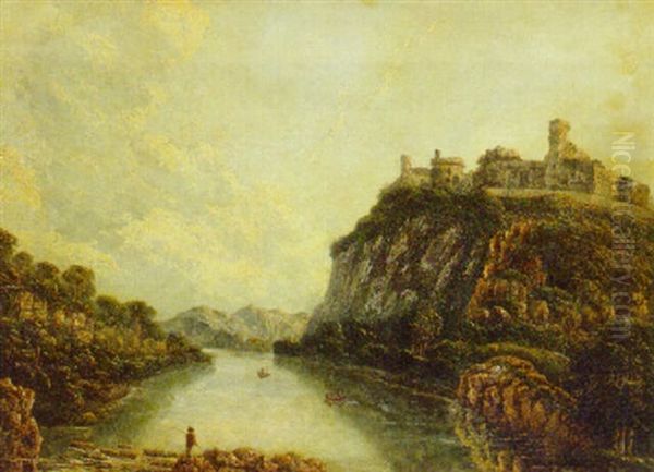 A Mountainous Lake Landscape With An Angler In The Foreground, A Hilltop Fort Beyond Oil Painting by Thomas Barker