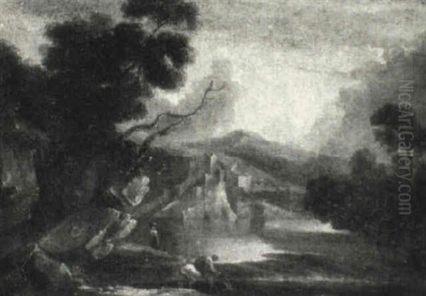 Figure On Horseback By A River With A Village Beyond Oil Painting by Thomas Barker