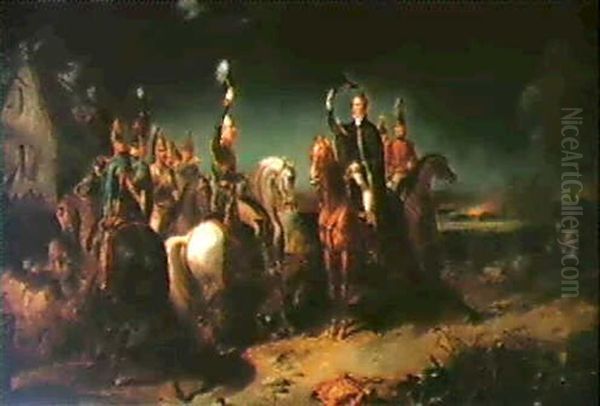 The Meeting Of The Duke Of Wellington And Field Marshal     Blucher On The Evening Of The Victory Of Waterloo... Oil Painting by Thomas Jones Barker