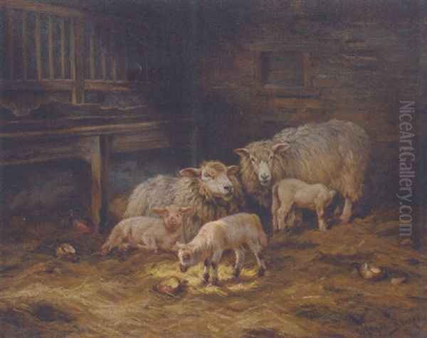 Sheep In A Stable Oil Painting by Wright Barker