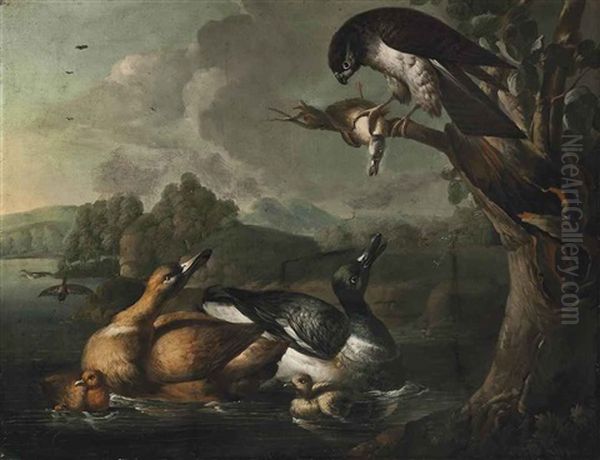 A River Landscape With Ducks And A Kestrel Oil Painting by Francis Barlow