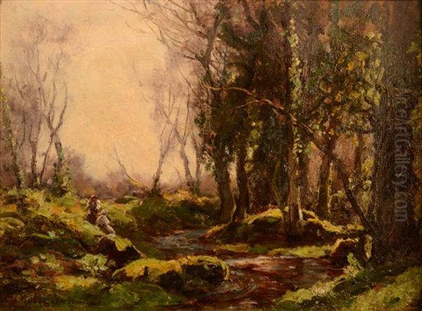 Figures By A Wooded Stream Oil Painting by John Noble Barlow
