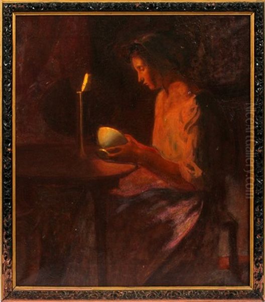 Woman In Candlelight Oil Painting by Myron Barlow