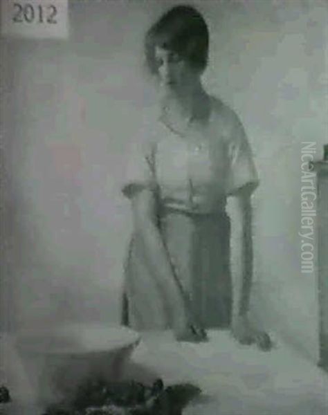 Standing Woman With Bowl Of Strawberries Oil Painting by Myron Barlow