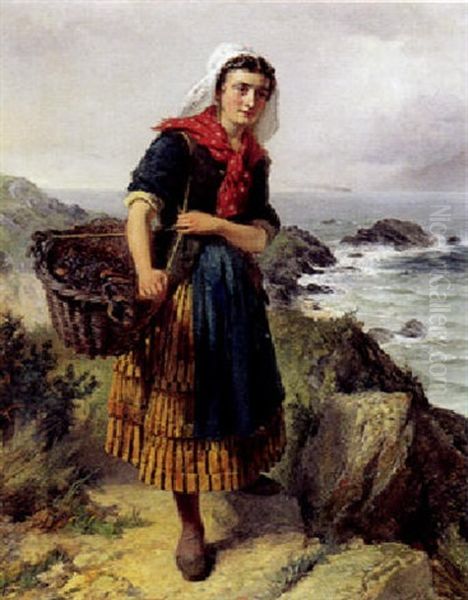 Kystparti Med Fiskerpige, Der Gar Hjem Med Dagens Fangst Oil Painting by Edward Charles Barnes