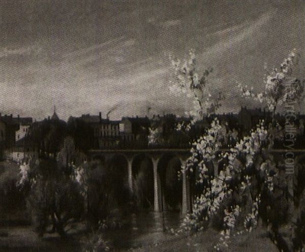 Spring Blossoms And The Village Bridge Oil Painting by Wilfred Molson Barnes