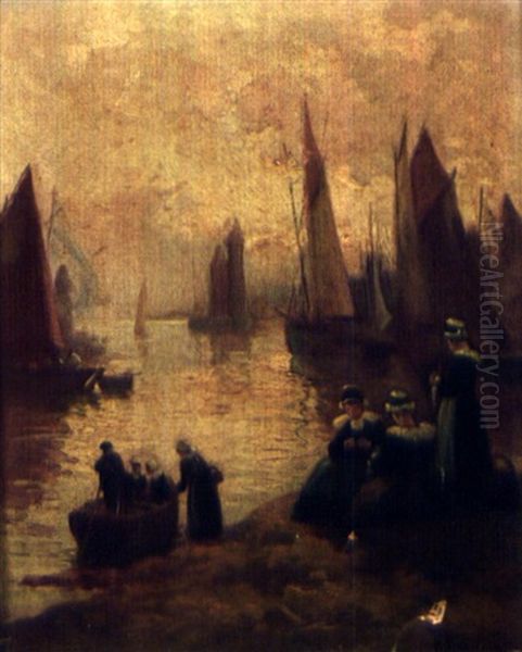 Femmes Tricotant Attendant Le Retour Des Pecheurs Oil Painting by Henri Alphonse Barnoin