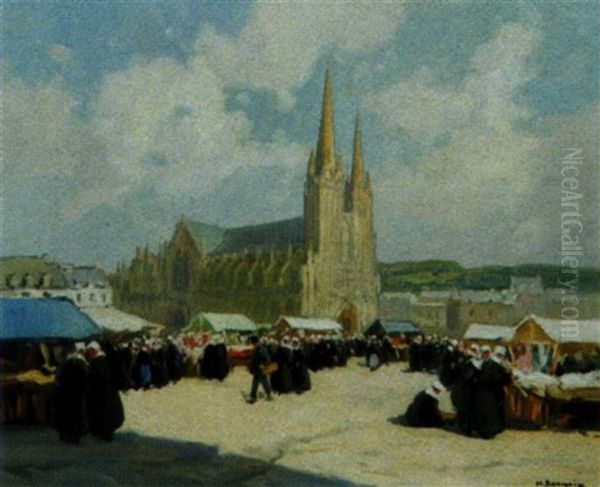 Jour De Marche Aux Etoffes A Quimper, Place St Corentin Oil Painting by Henri Alphonse Barnoin