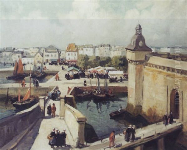 Jour De Marche A Concarneau Dans Les Bassins Oil Painting by Henri Alphonse Barnoin