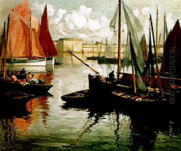 Barques Et Thoniers Sous Voiles Au Mouillage A Concarneau Oil Painting by Henri Alphonse Barnoin
