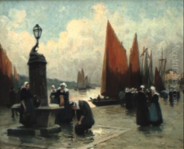 Barques Et Bretonnes Pres De La Fontaine Oil Painting by Henri Alphonse Barnoin