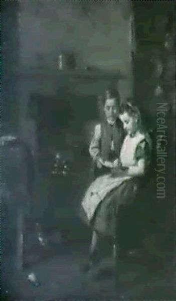 An Interior Genre Scene Oil Painting by G. Barns