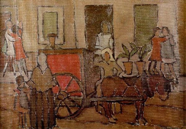 Escena De Calle En Barcelona Con Carro Organillero Oil Painting by Rafael Barradas