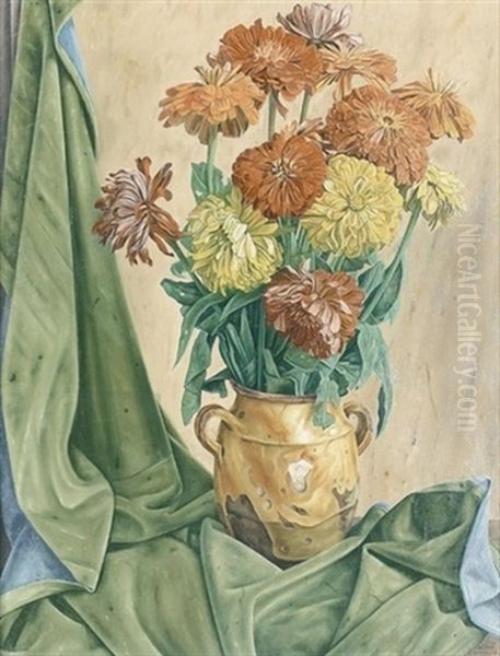 Prachtvolles Stillleben Mit Astern In Einer Gelben Vase Oil Painting by Aime Victor Barraud