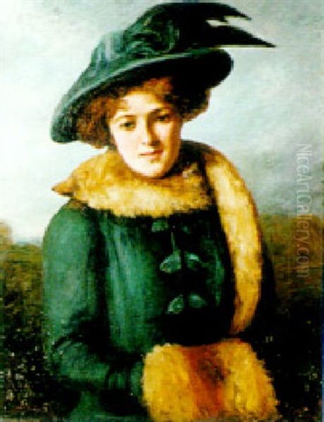 Portrait Of A Young Woman In A Fur Stole Oil Painting by Francis Barraud