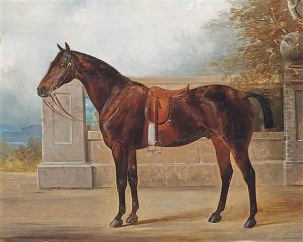 Bay Hunter Before A Balustrade Oil Painting by Henry Barraud