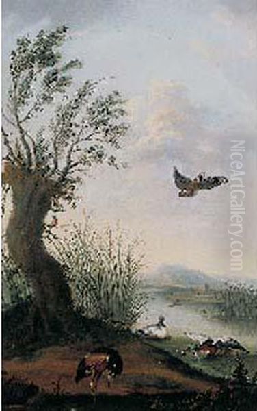 Canards Et Heron Pres D'un Etang Oil Painting by Carl Adolph