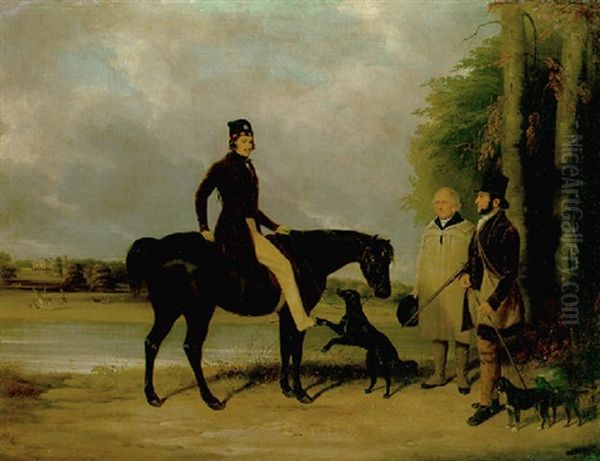 Richard Crawshay, On A Black Pony, Talking To A Gamekeeper And Another Man, With Dogs, In The Grounds Of Ottershaw Park, Chertsey Oil Painting by William Barraud