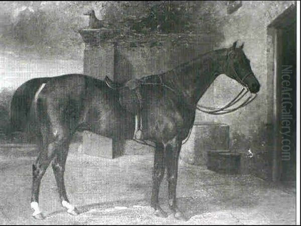 A Saddled Chestnut Hunter In A Courtyard Oil Painting by William Barraud