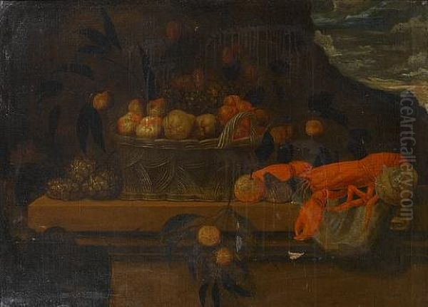 Lobster, Pineapples And A Woven Basket Filled With Pears, Apples And Grapes, On A Stone Ledge Oil Painting by Francisco Barrera