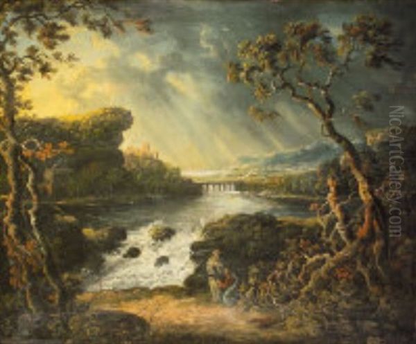 Extensive Landscape With Figures Sheltering Oil Painting by George Barret