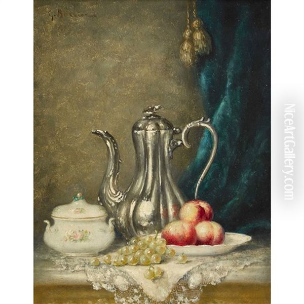 Stillleben Mit Kanne, Zuckerdose, Pfirsichen Und Trauben Oil Painting by Gustave Barrier