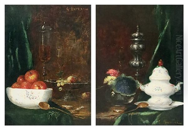 Compotier Et Bouquet De Violettes (2 Works) Oil Painting by Gustave Barrier