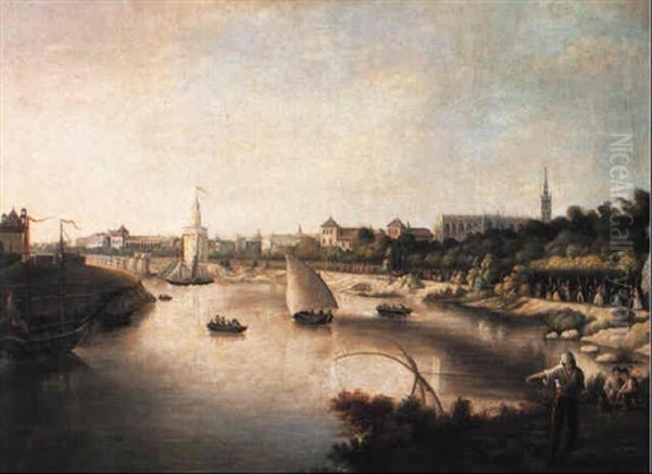 Blick Uber Den Guadelquivir Auf Sevilla Oil Painting by Manuel Barron y Carrillo