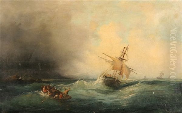 Boats In A Stormy Sea Oil Painting by Francois (Pierre Bernard) Barry