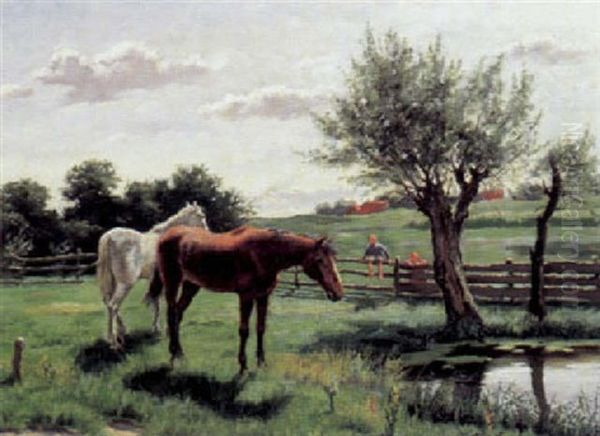 Sommerliche Weidelandschaft Mit Schimmel Und Braunen Oil Painting by Carl Olof Bartels