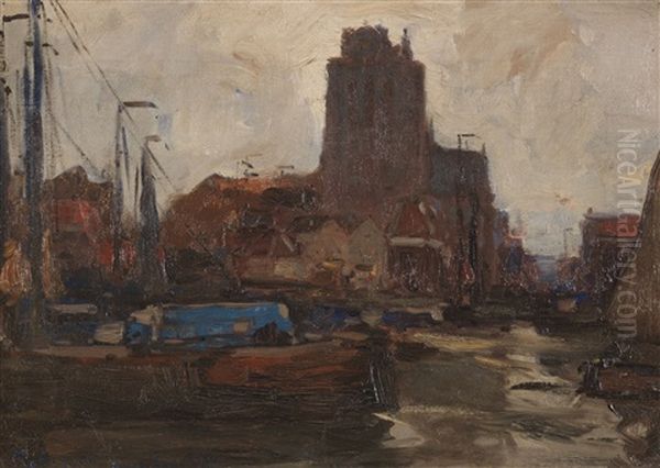 Der Hafen Von Dordrecht Mit Der Grote Kerk Oil Painting by Hans Von Bartels