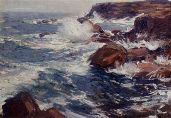Waves Against The Rocky Coast, Penmarch, Brittany Oil Painting by Hans Von Bartels