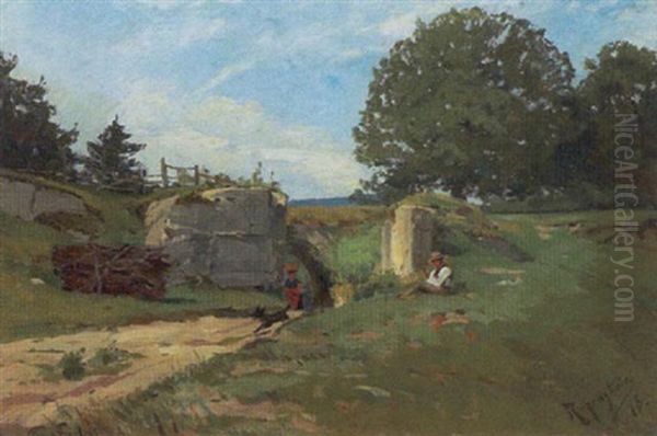 Sommerlandskab Med Figurer Og Lobende Hund Oil Painting by Hans Von Bartels