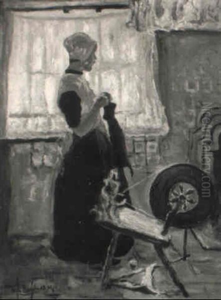 Junge Holl,nderin Am Spinnrad Oil Painting by Hans Von Bartels