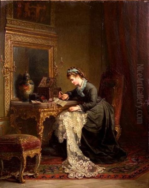 Remembrances - Genre Scene With A Woman Seated At A Dressing Table Oil Painting by Arthur Julius Barth