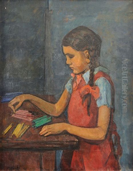 Madchen Am Pult, Farbkreidestifte Sortierend Oil Painting by Paul Basilius Barth